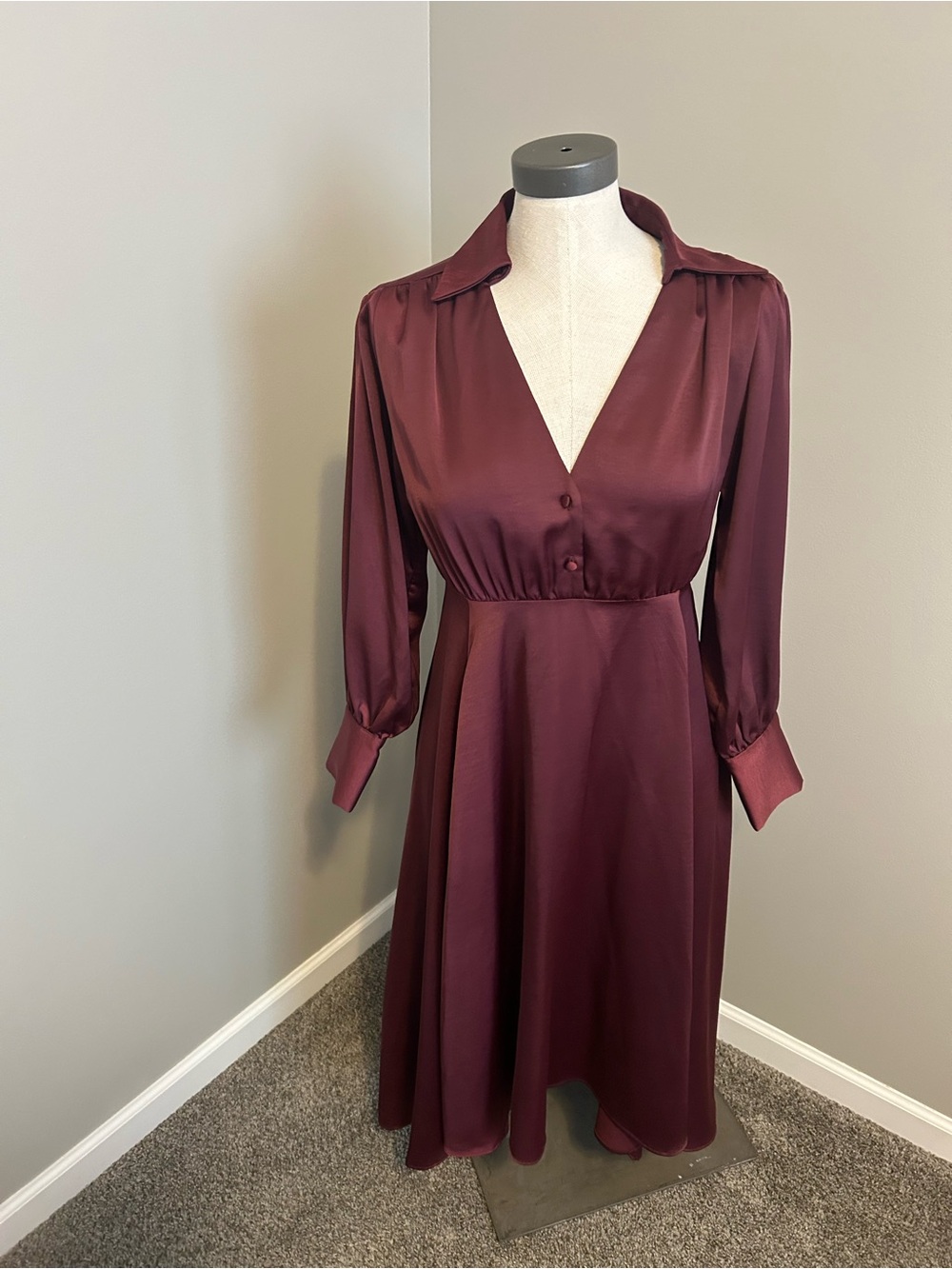 Zara Deep Burgundy Satin V-Neck Long Sleeve Dress